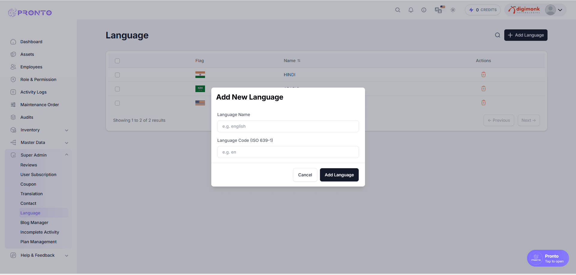 Add Language Modal