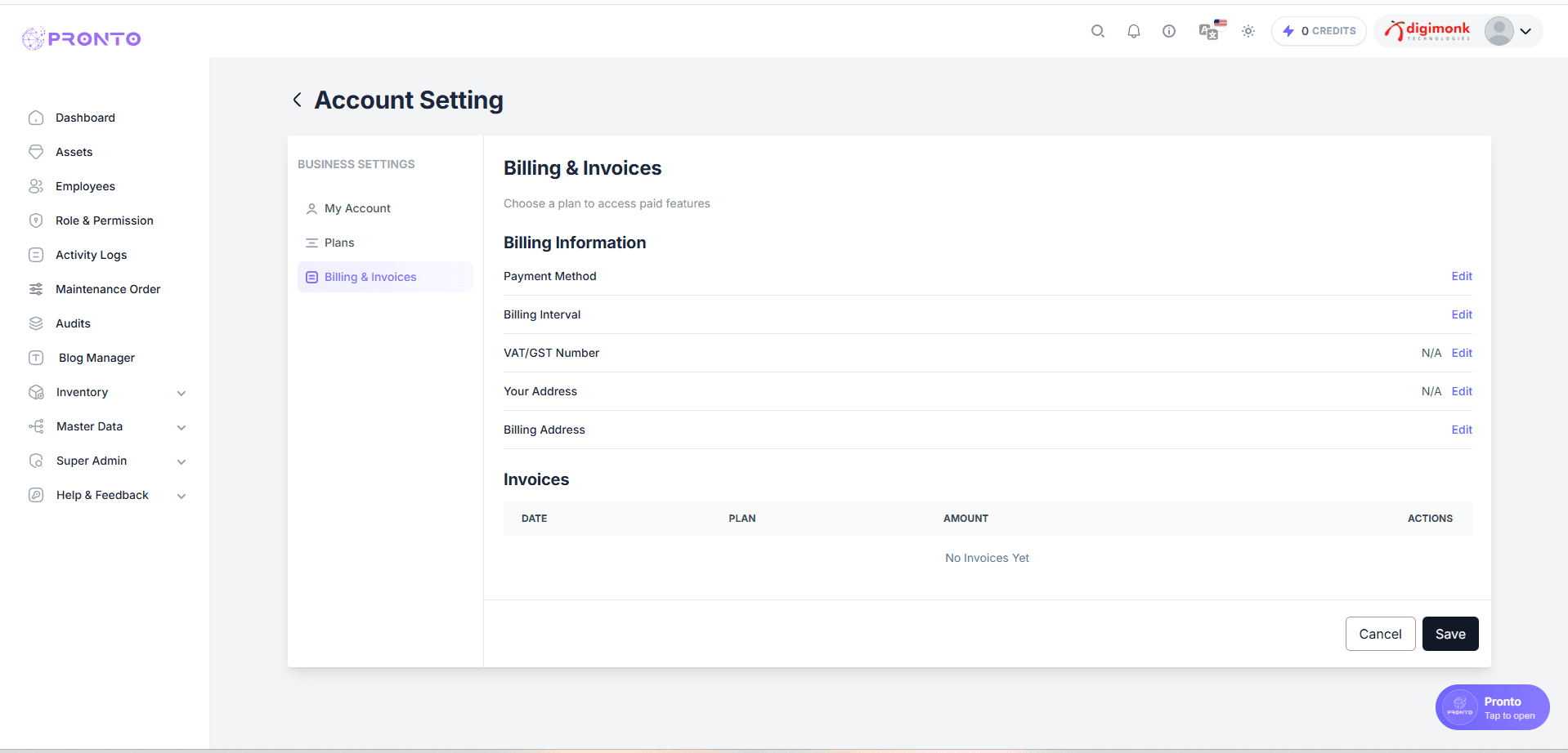 Billing and Invoices Management Screen