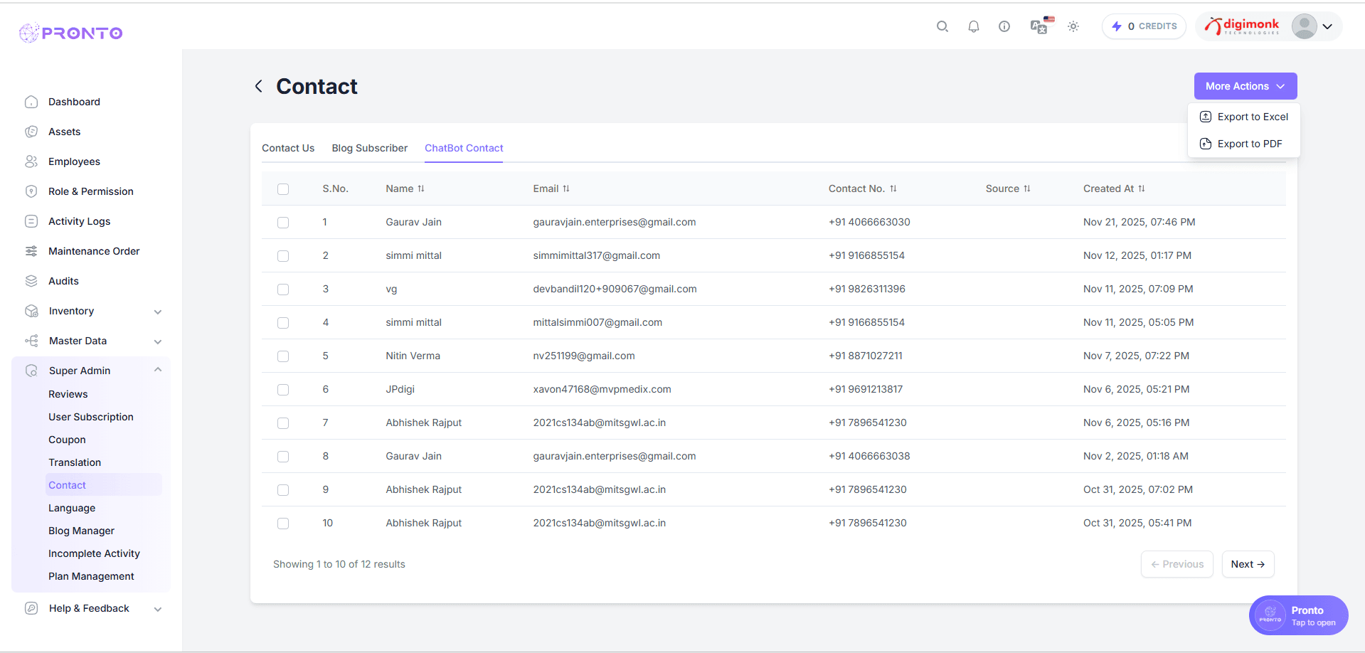 More Actions Menu