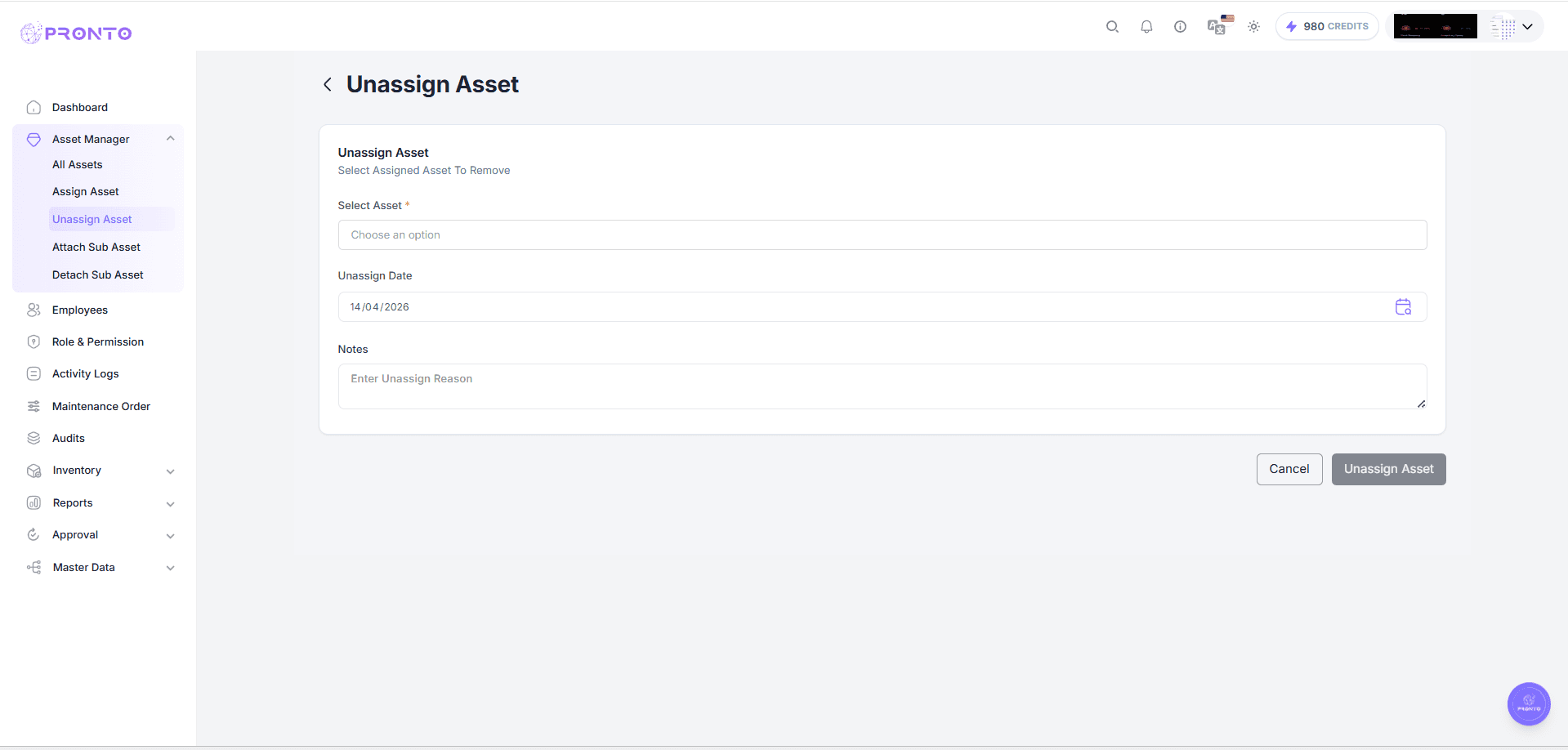 Unassign Asset Form